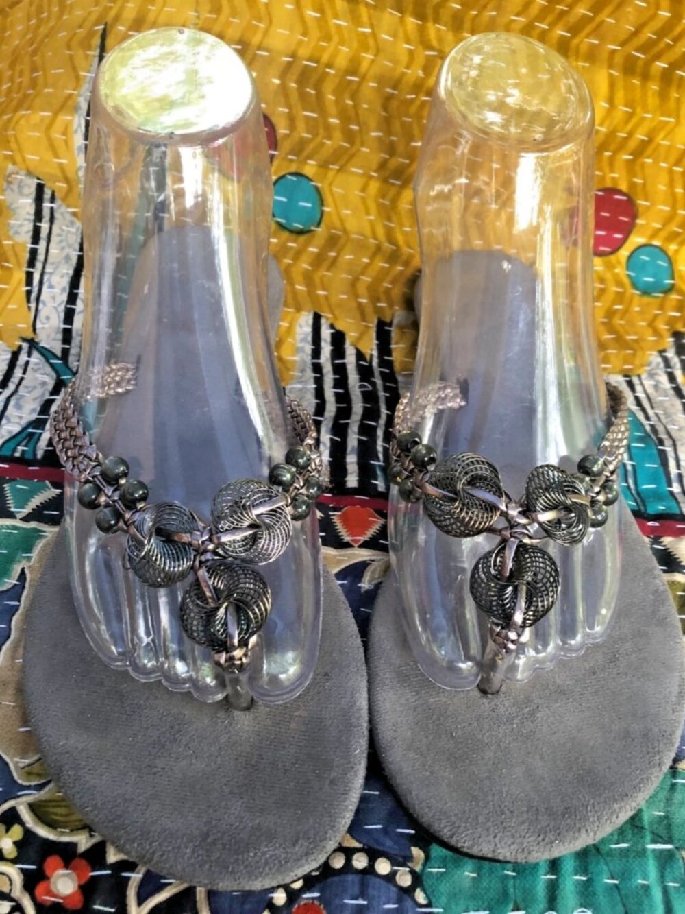 Unbranded Pewter Wire Beaded braided Sandals Thong Flip Flop  Size 8